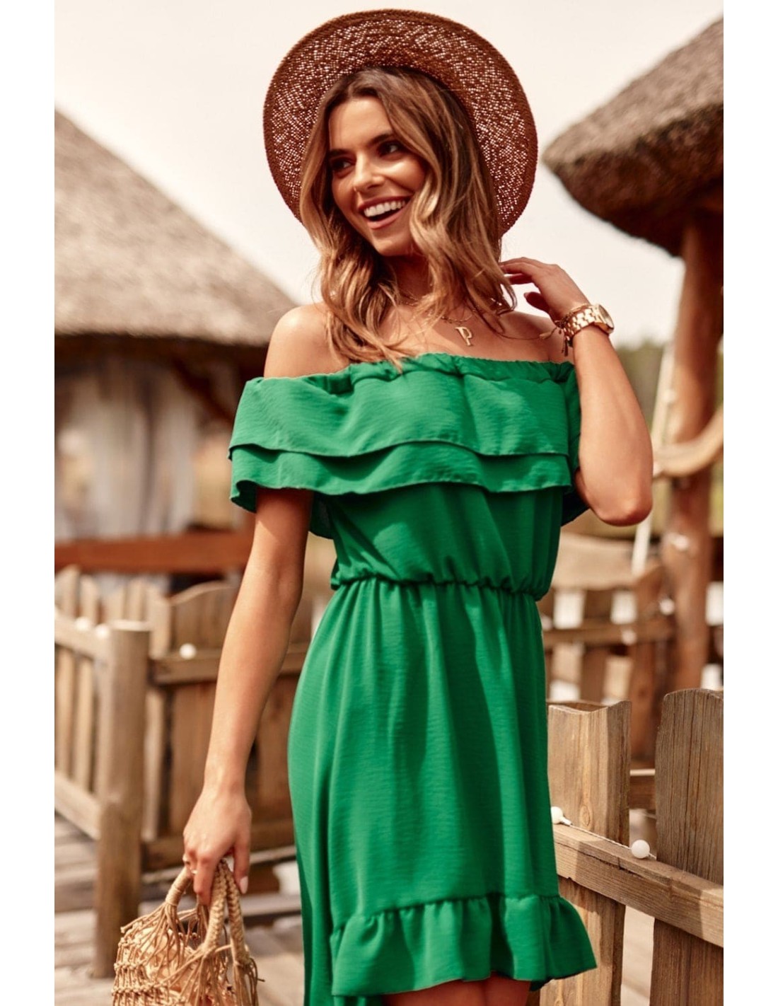 Rochie spaniola asimetrica cu volane, verde 9182 - Magazin online - Boutique